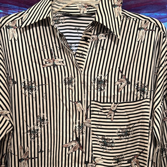 Zara Dragonfly Striped Long Oversized Fit Button Up Blouse Top Gray - Picture 8 of 12